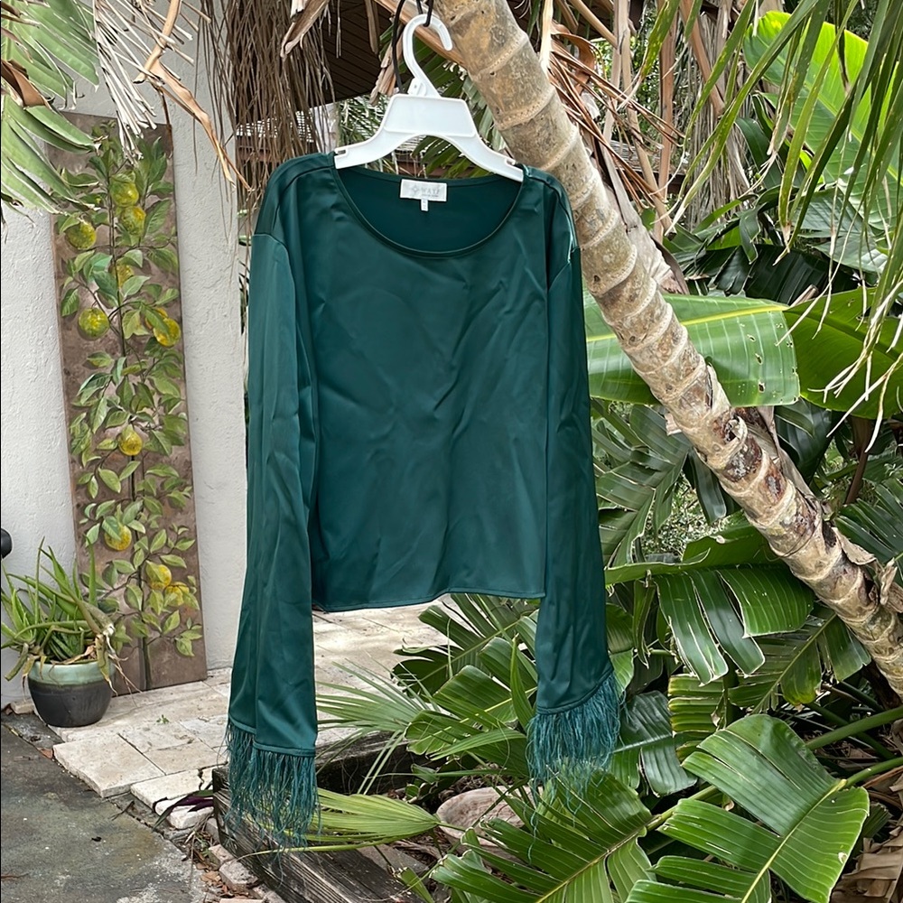 WAYF Dark Green ostrich feather Fringe Sleeve Blouse